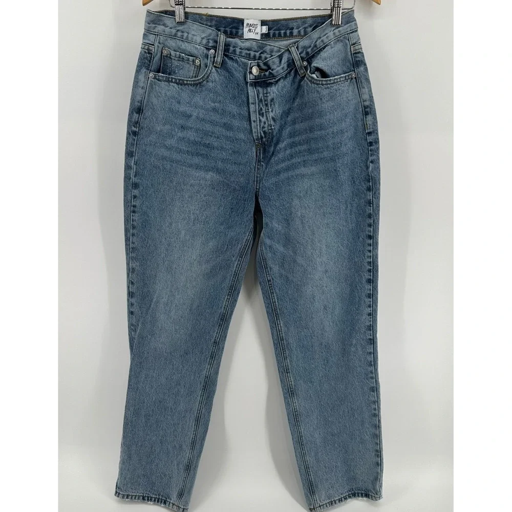 Princess Polly Button Fly Jeans Womens 8 Blue Denim High Rise Straight Whisker